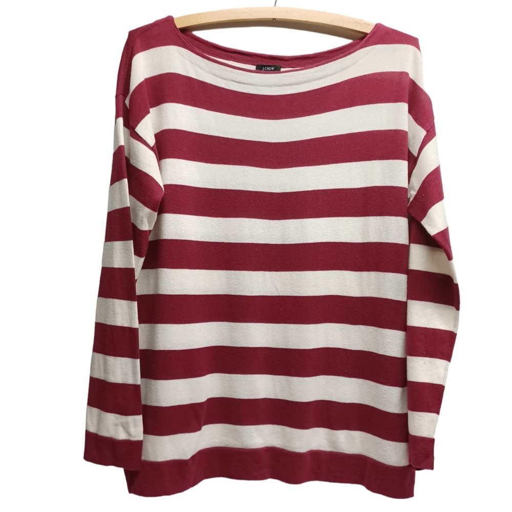 J.CREW THIN WOOL BLEND BOAT-NECK SWEATER, RED STRIPED, SIZE MEDIUM